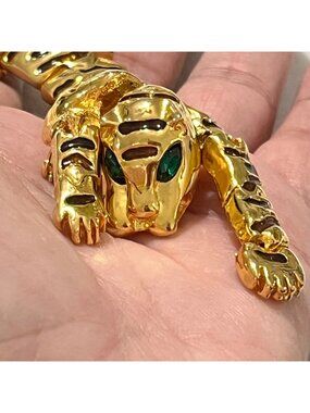 Vintage Articulated Tiger Brooch Gold Tone Rhinestone Eyes 8.75 Inches
